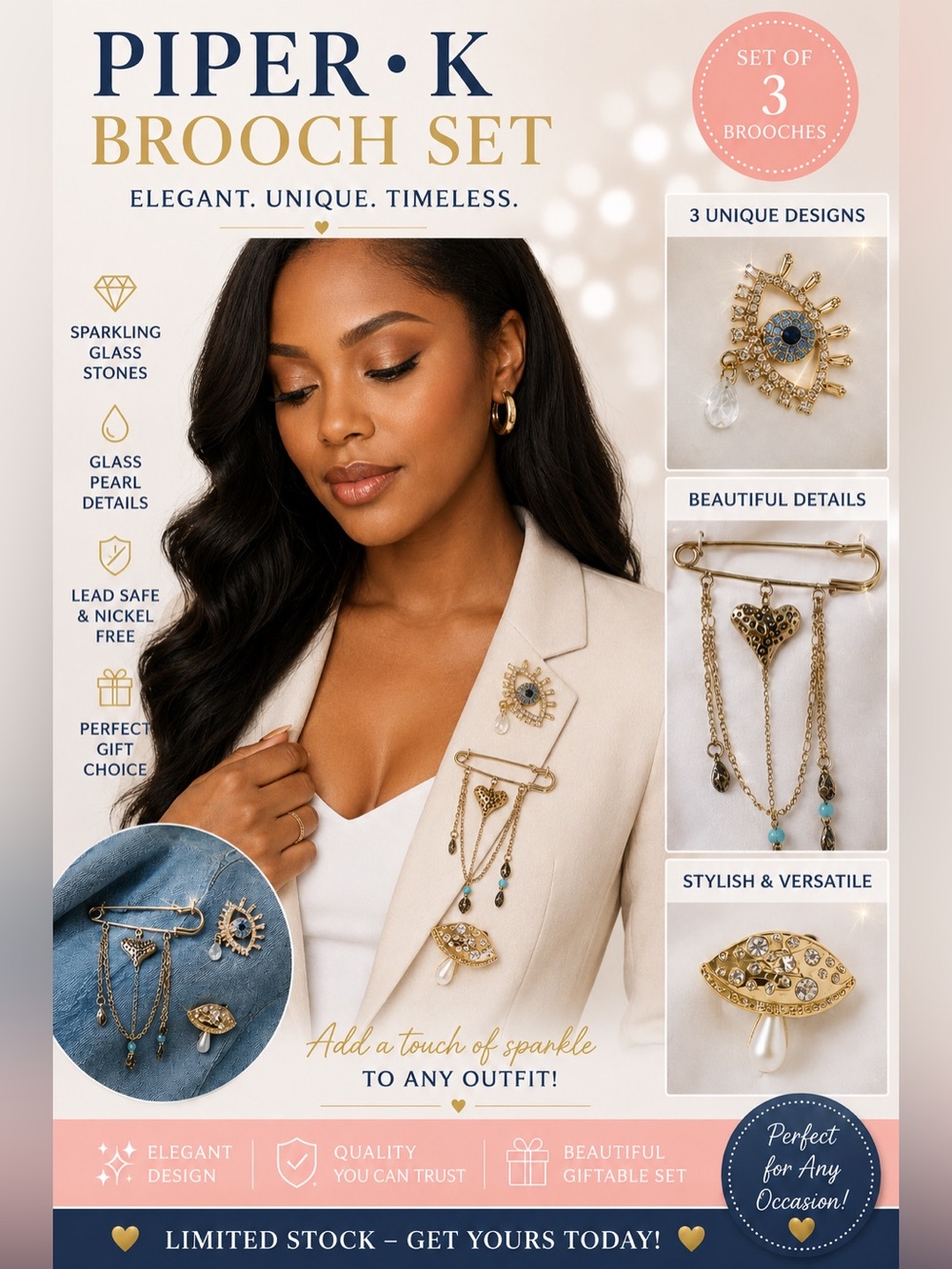 Piper Gold Brooch Set with Cream and Blue Accents